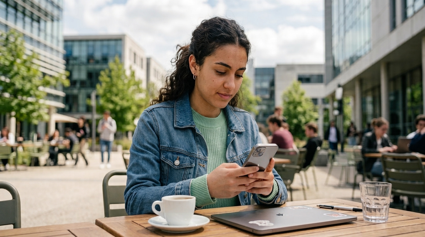 Étudiante utilisant son smartphone pour effectuer l'ouverture d'un compte bancaire en ligne depuis un café en extérieur