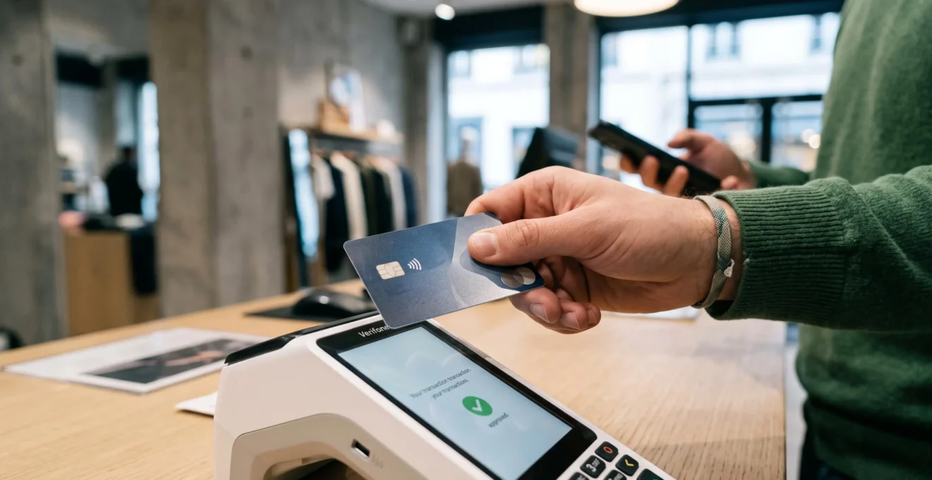 Main d'un étudiant effectuant un paiement sans contact avec sa carte bancaire sur un terminal de paiement moderne